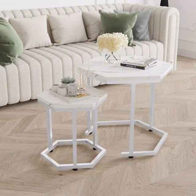 VOGREX Set of 2 White Marble Effect Nesting Side Tables with White Metal Frame
