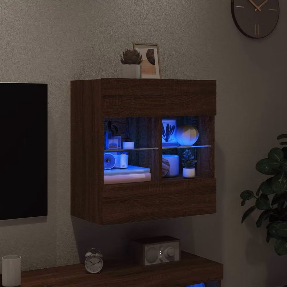 Berkfield Home Modern Wall Mounted TV Cabinet with Integrated LED Lights and Internal Shelves in Brown Oak, W: 58.5 cm, D: 30 cm, H: 60.5 cm – 4