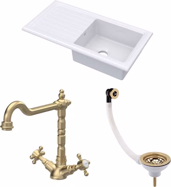 Balterley White Ceramic 1 Bowl Kitchen Sink with Drainer, Waste and Tap, Brushed Brass, W: 1010 mm