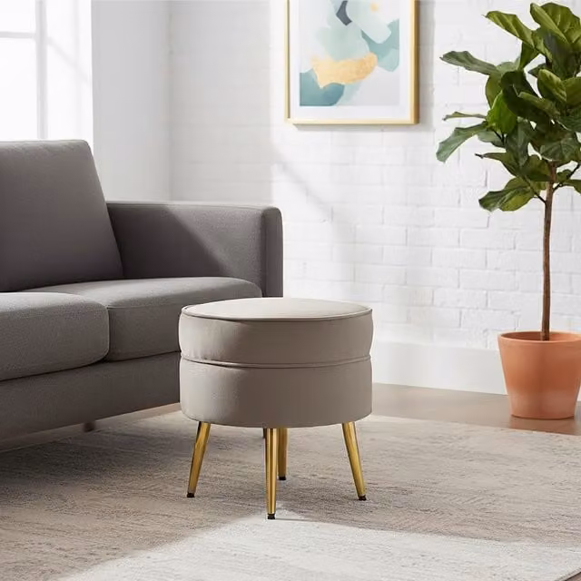 Interiors by Premier Tamra Round Mink Velvet Footstool with Gold Metal Legs in Grey