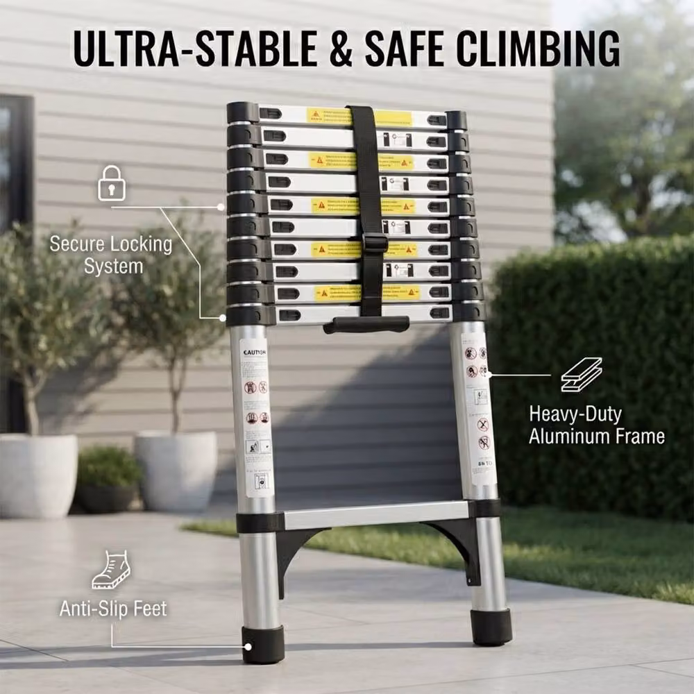Alivio Heavy Duty Telescopic Extension Ladder, 2.6m, Silver, 150kg Capacity – 2