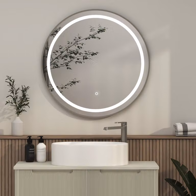 Royal Bathrooms Capri Round LED Illuminated Framed Mirror with Demister Pad and Touch Sensor in White or Silver