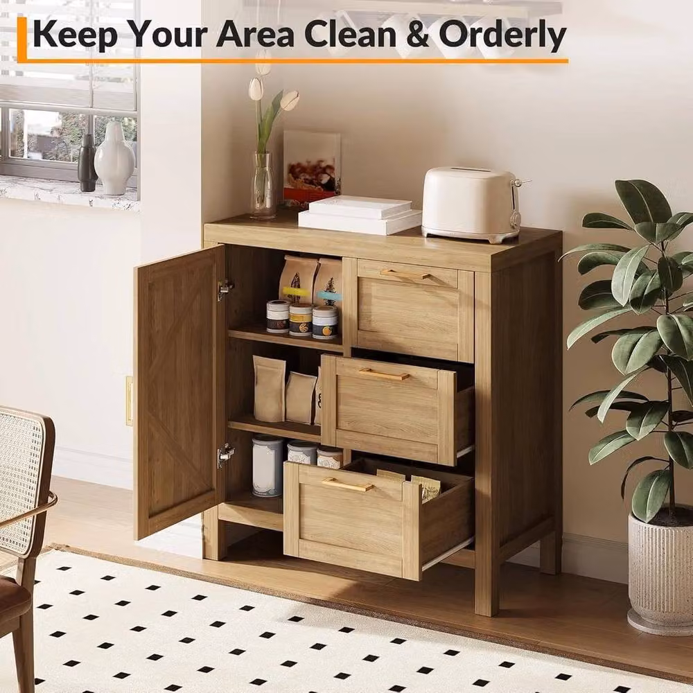 KORVIXA Walnut Finish 3 Drawer Sideboard Multi Storage Cabinet in Beige and Brown – 3