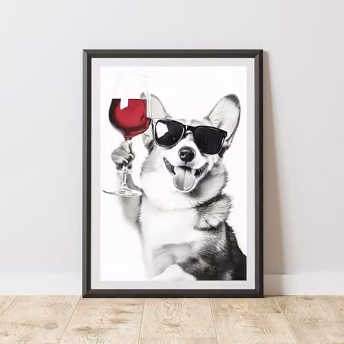 60 Second Makeover Funny Corgi Drinking Wine Paper Poster, Black, White and Multicolour, W: 21.0 cm, H: 29.7 cm