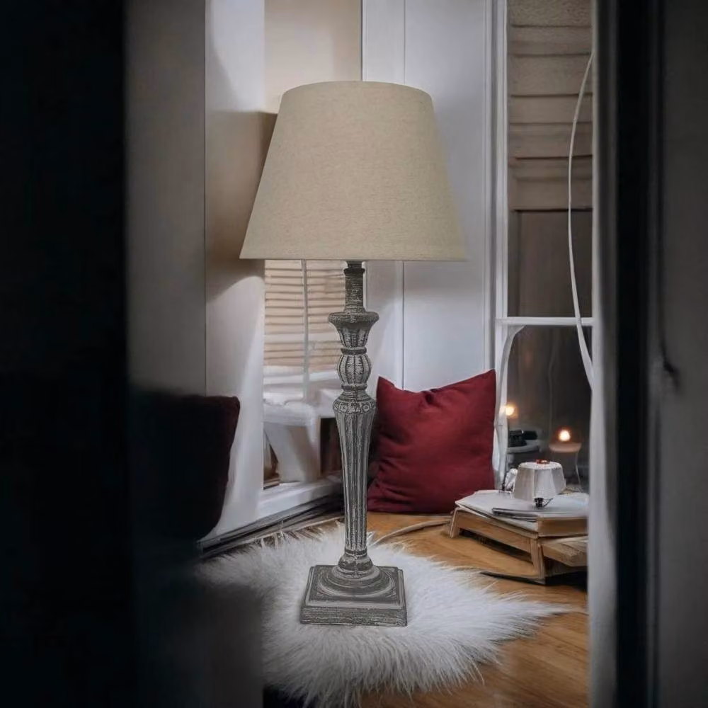 FORGEVIO Shabby Chic Wooden Table Lamp in Grey and Beige, Height: 58 cm – 4