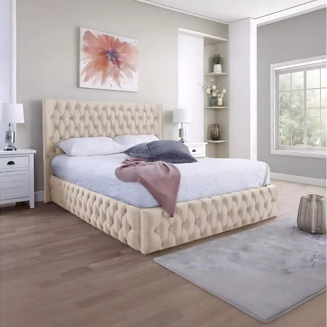Desire Deco Chesterfield Upholstered Velvet Bed Frame in Yellow and Beige, W/D/H: 200 x 200 cm