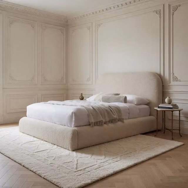 KDMD Baston Boucle Upholstered Premium Platform Bed Frame in Beige, W: 140 cm, D: 200 cm