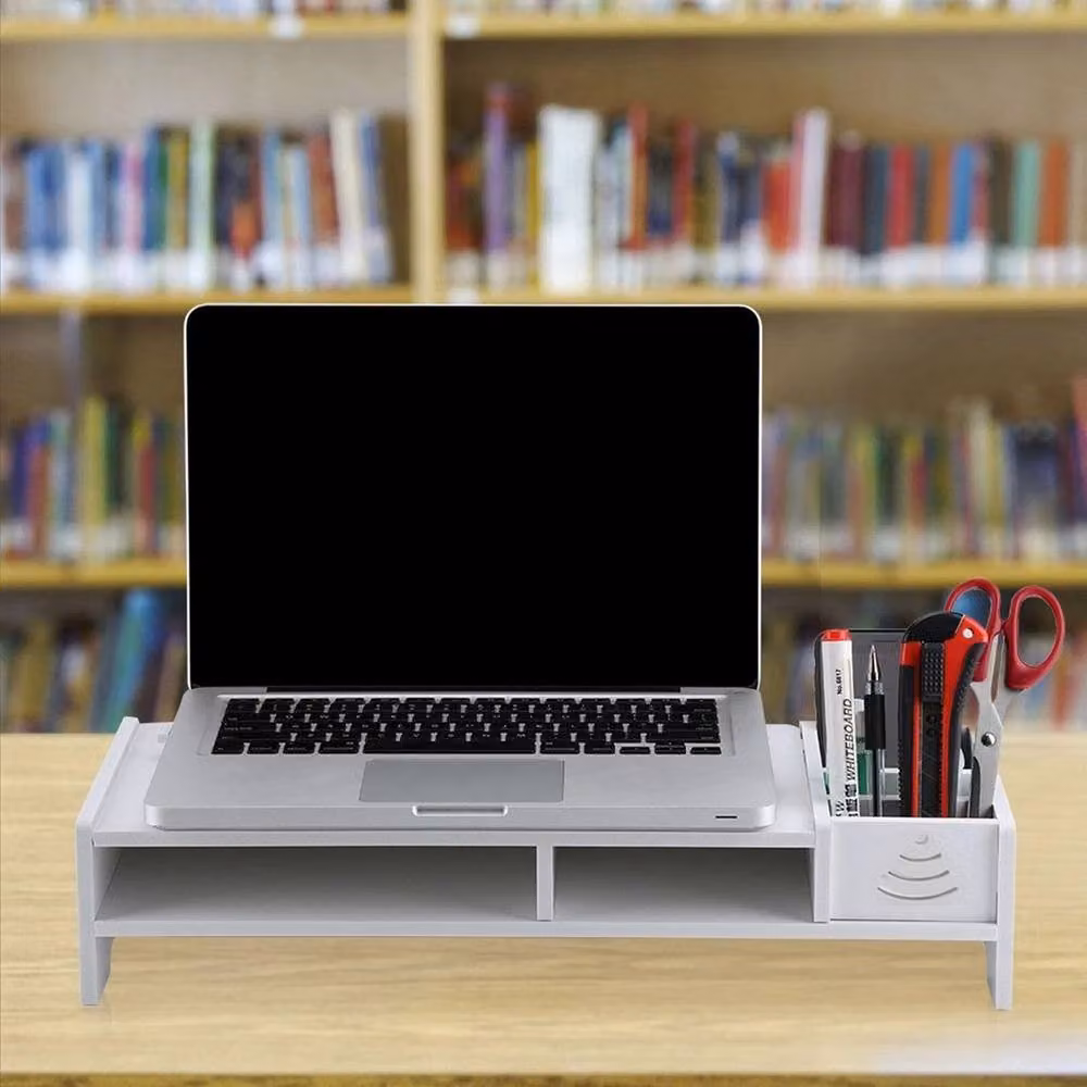 NESTLUNE 2 Tier White Computer Desktop Monitor and Laptop Stand W: 100 cm, D: 15 cm – 5