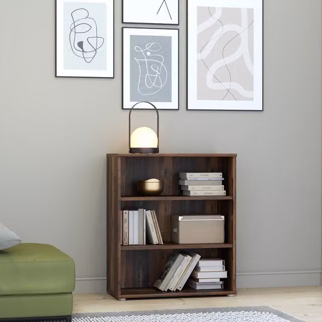 Furniture To Go Essential 2 Shelf Low Wide Bookcase in Vintage Oak Brown