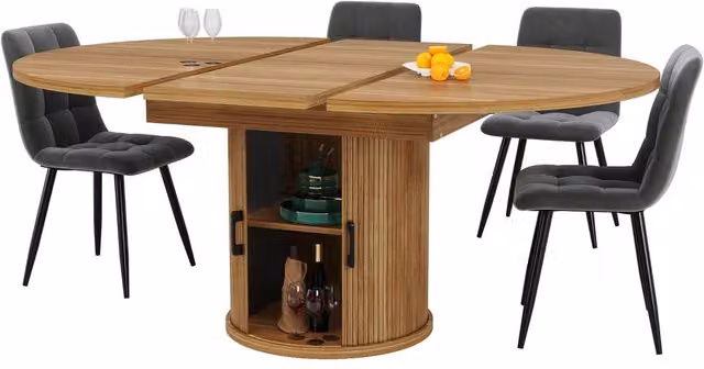 Rolipo Extendable Round to Oval Dining Table in Walnut and Black, Seats 6