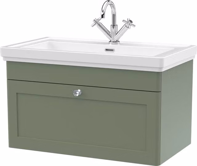 Balterley Wall Hung 1-Drawer Bathroom Vanity Unit and Fireclay Basin, Green, W: 80 cm