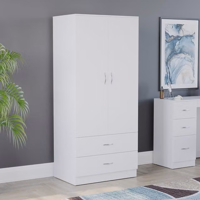 Vida Designs Riano White 2 Door 2 Drawer Modern Wardrobe with Internal Shelves and Hanging Rod