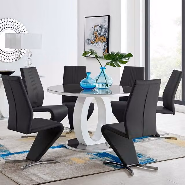 FurnitureboxUK Giovani Round Grey Dining Table and 4 Willow Chairs Set with Glass Top, Diameter: 120 cm, Black