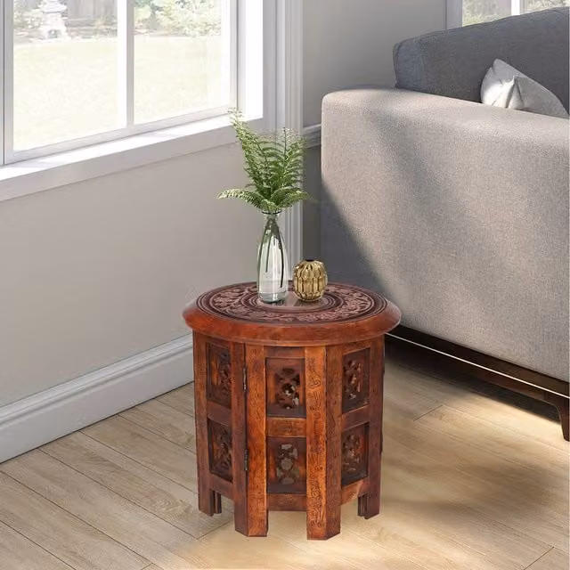 Topfurnishing Round Carved Wooden Coffee Bedside End Table in Red and Brown, Diameter: 30 cm