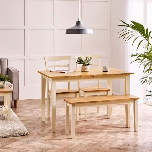 FurnitureboxUK Salcombe Extending Rectangular Wooden Dining Set with 2 Whitby Chairs and 1 Small Bench in Beige