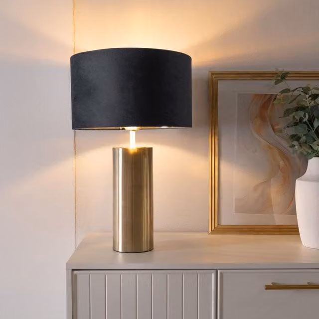 ValueLights Lexy Gold Touch Table Lamp with Black Velvet Drum and Gold Inner Shade, Dimmable with Bulb Included