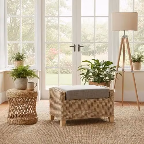 Desser Arlington Rattan Footstool with Grey Fabric Cushion and Storage Compartment, H47 x W70 x D48 cm – 2