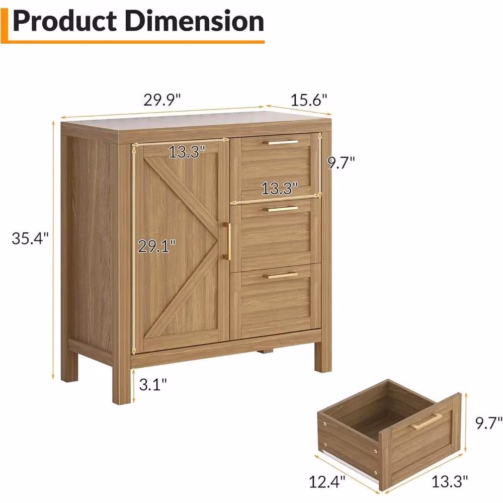 KORVIXA Brown Walnut Finish 3 Drawer Sideboard Multi Storage Cabinet – 2