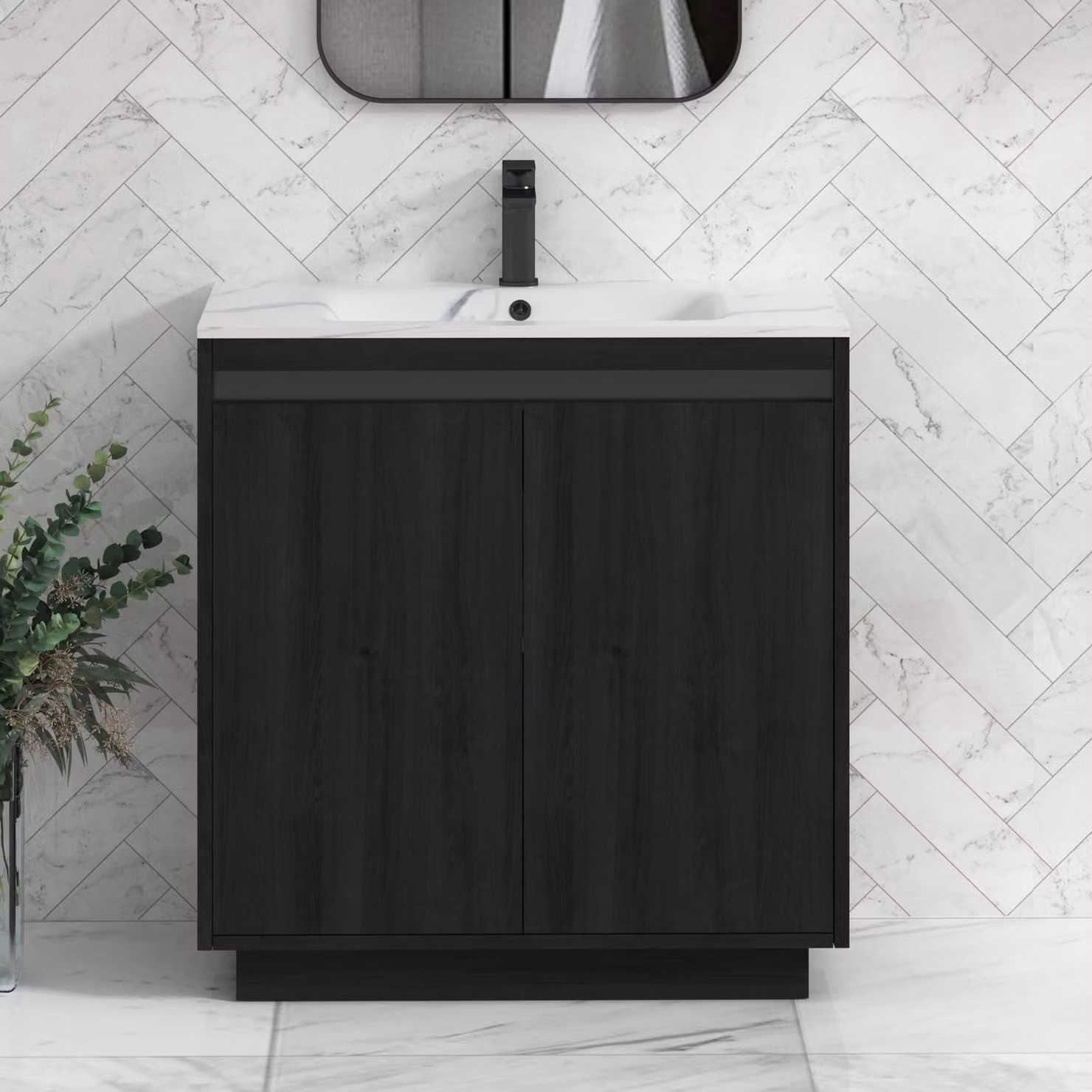 Royal Bathrooms Orion 800mm Floor Standing 2 Door Vanity Unit in Hale Black with Carrara White Basin and Black Accent Trim