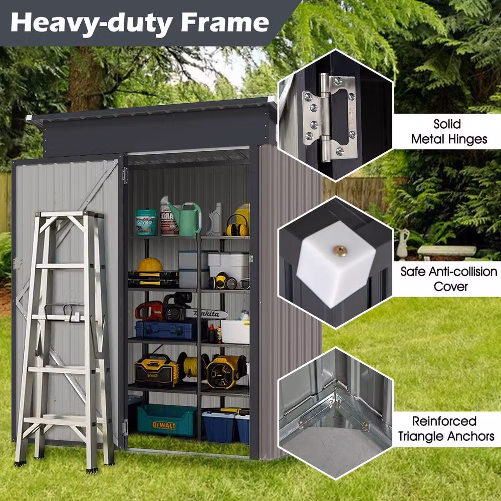 Costway Grey Pent All-Weather Metal Storage Shed with Sloping Design, W/D/H: 185 x 138 x 74 cm – 8