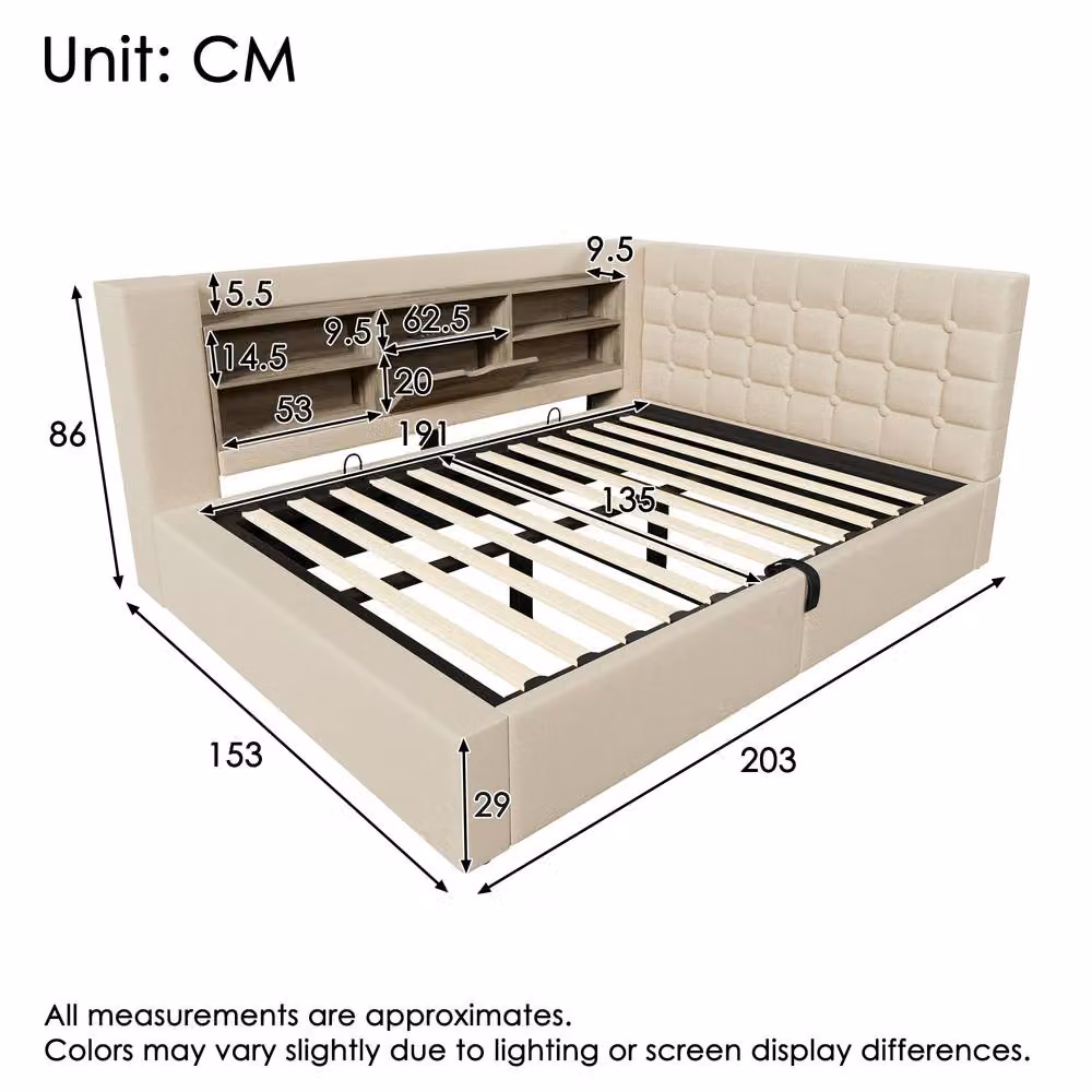 Matteo Upholstered Double Daybed in Beige with Hydraulic Storage and USB Charging Port, W/D/H: 140 x 200 cm – 2