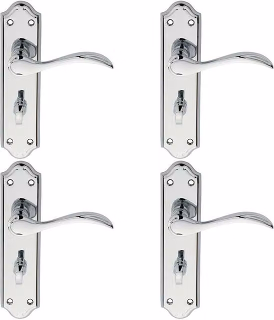 Loops 4 Pairs of Curved Bathroom Door Handle Levers on Backplate, Chrome, W: 18 cm, H: 4.5 cm