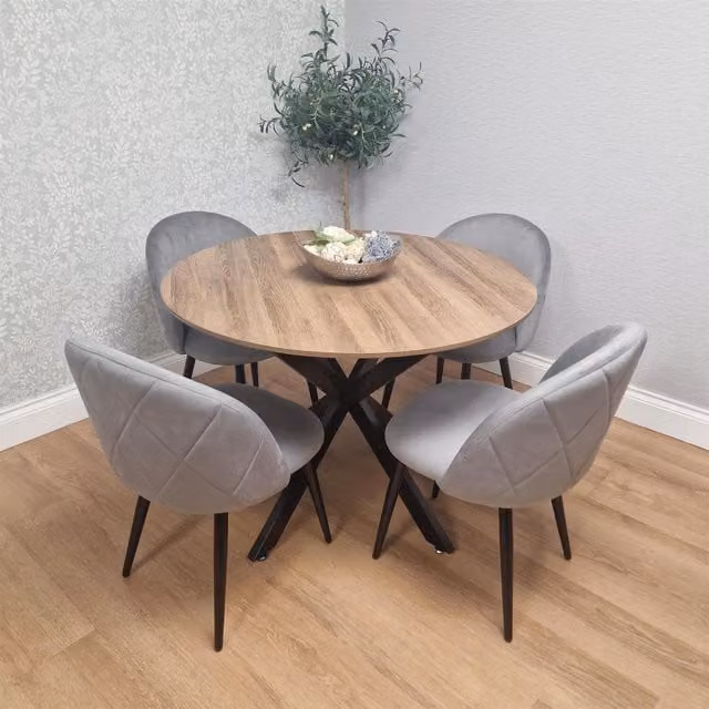 KOSY KOALA 4 Seater Round Dining Set with Wood Table and 4 Grey Velvet Chairs in Brown