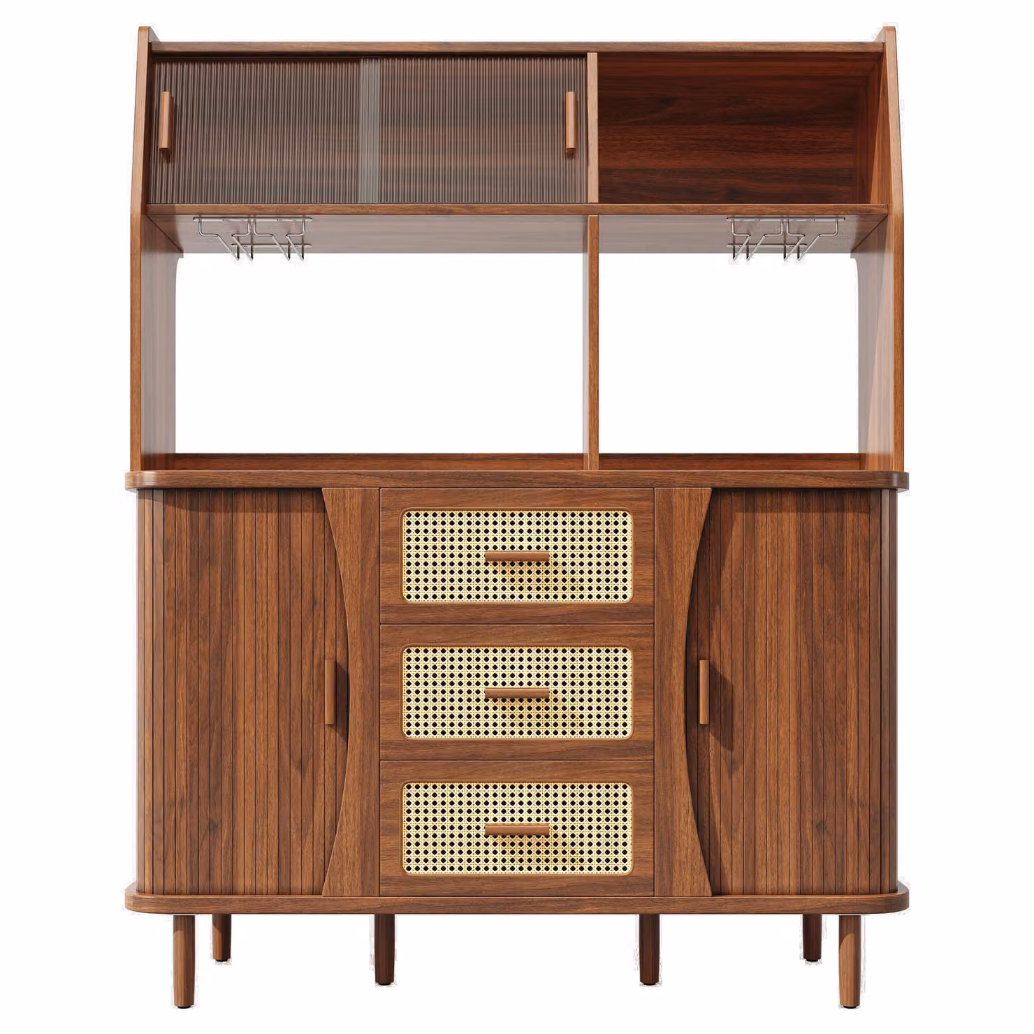Aosom UK Rattan-Look Sideboard with Glass Sliding Doors and 3 Drawers, Walnut, W: 40.5 cm, H: 174.5 cm, D: 140 cm – 2