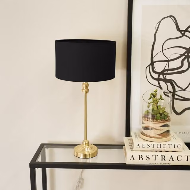 ValueLights Maggie Gold Table Lamp with Black Fabric Cylinder Drum Shade
