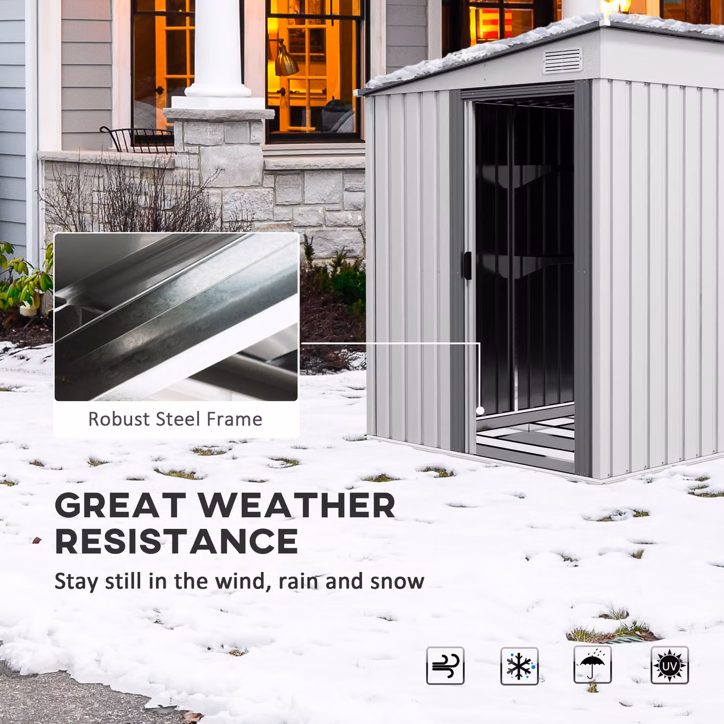 Outsunny White Galvanised Metal Lean-to Garden Shed with Sliding Doors and Foundation, W/D/H: 152.4 x 152.4 x 179.83 cm – 5