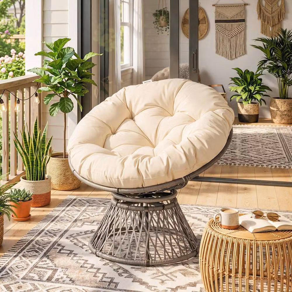 Outsunny 360 Swivel Rattan Moon Bowl Chair with Padded Cushion in Beige or Grey – 7