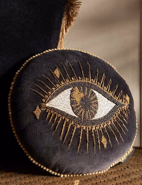 Rockett St George Beaded Eye Velvet Embellished Round Cushion in Black