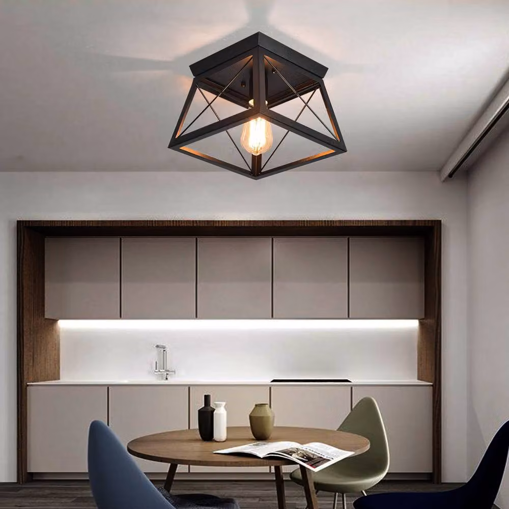 NIVOR Square Black Metal Cage Farmhouse Flush Mount Ceiling Light – 4