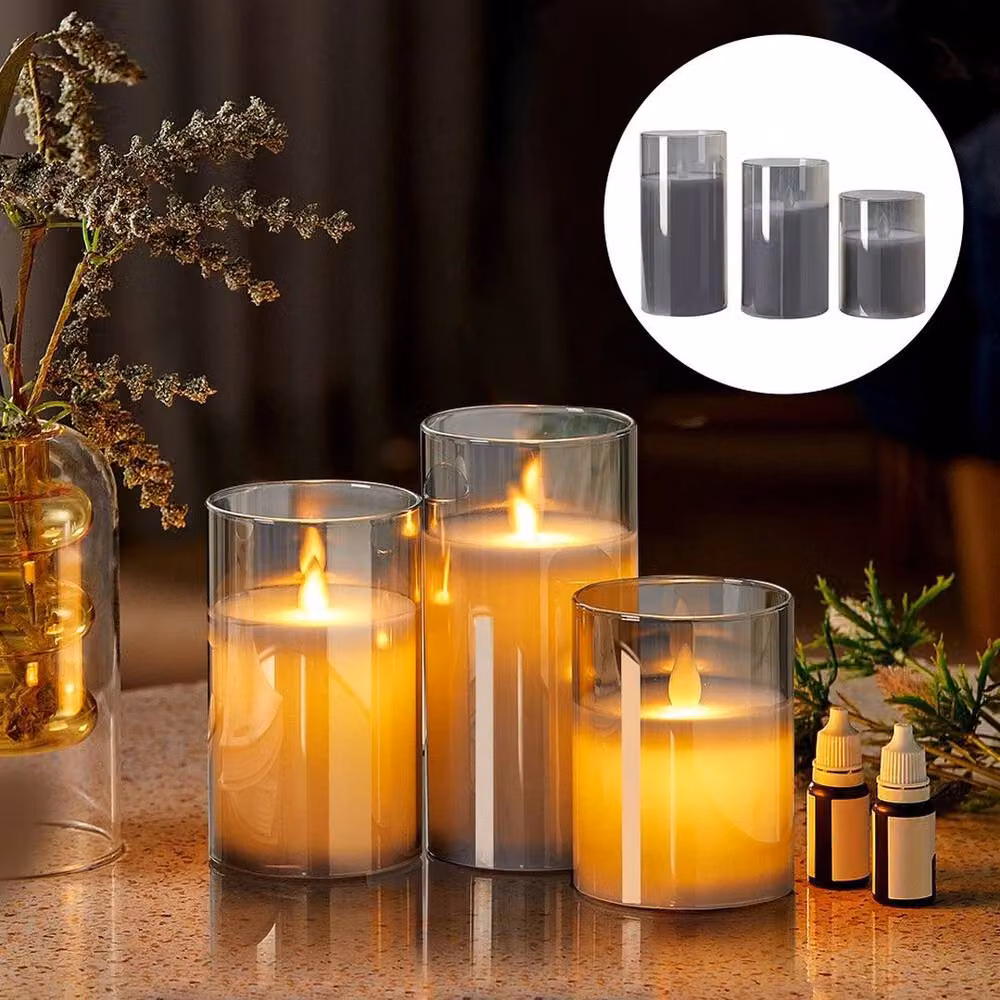 PAWNORA Set of 3 Grey Flameless LED Pillar Candles with Flicker Effect – 4