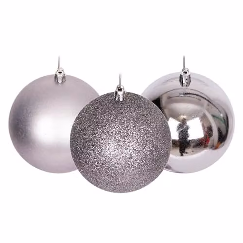 Shatchi 6-Piece Set of Grey and Silver Round Plastic Christmas Tree Bauble Hanging Decorations, Diameter: 10 cm