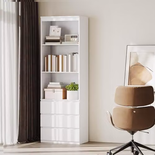 HOMCOM White Modern Tall Bookcase with 3 Shelves and 3 Drawers, H 180 x W 60 x D 35 cm – 4