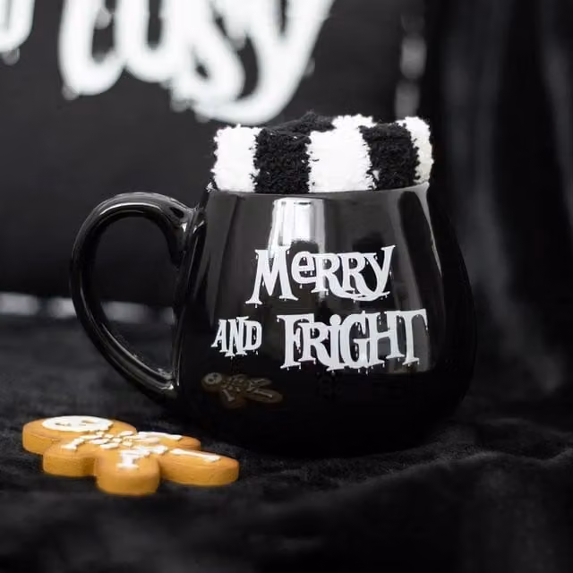 Uniqueful Merry & Fright Mug and Socks Set in Black and White, 550ml – 1