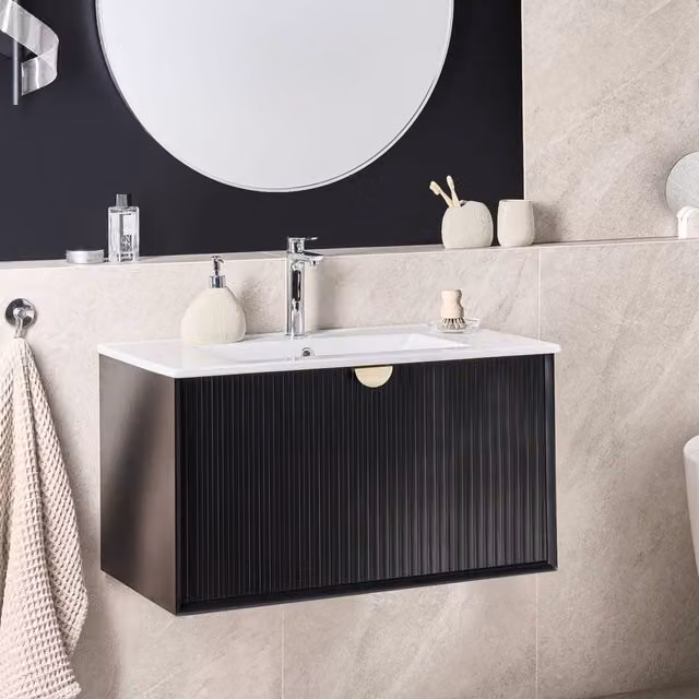 Wyld and Coco Black Lacquered Wood Wall Mounted Vanity with Built In Basin W: 80 cm, D: 43 cm