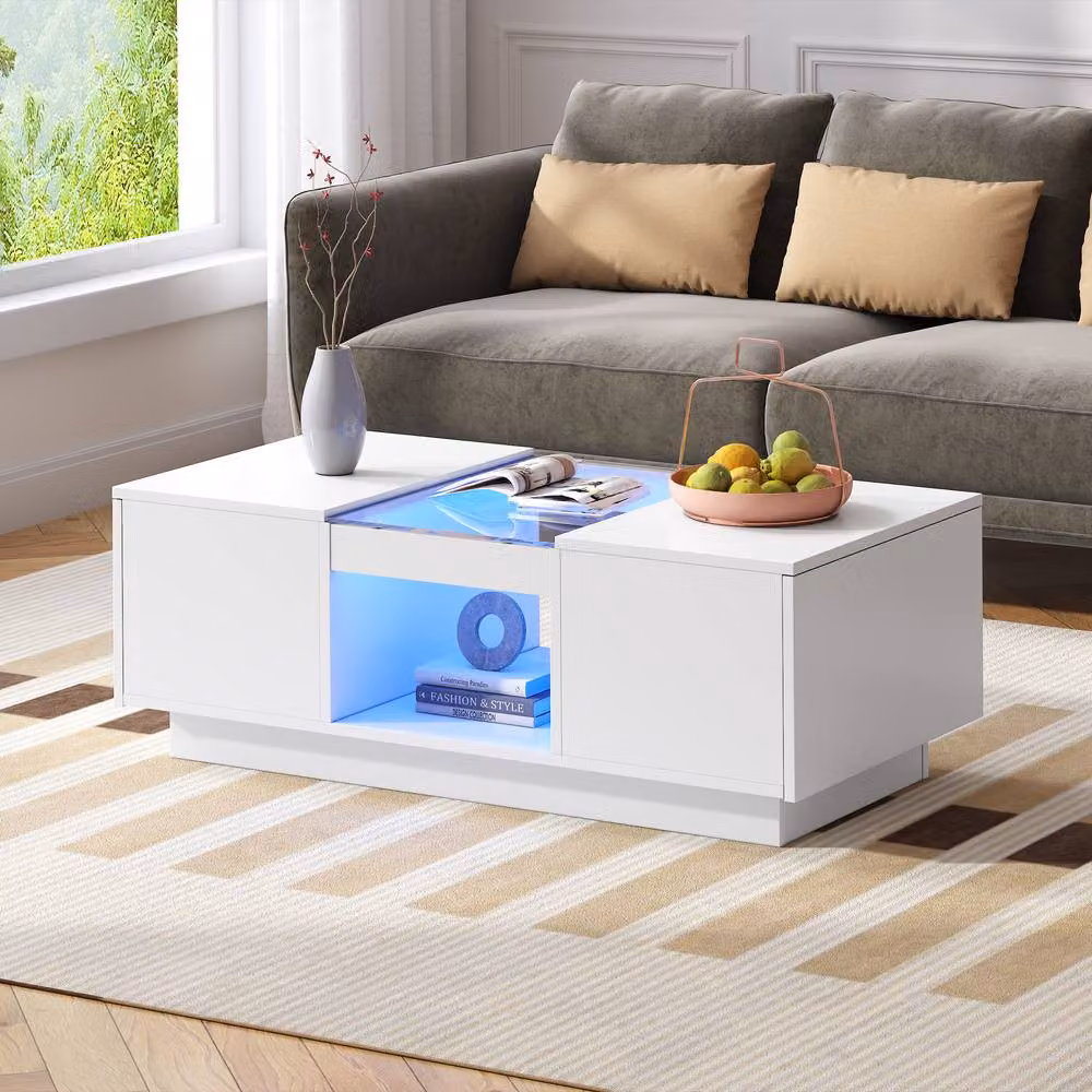 Matteo Modern White LED Coffee Table with Glass Top and Storage W/D/H: 50 x 50 x 35.5 cm – 5