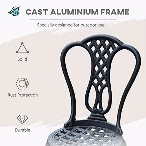 Outsunny 3 Piece Shabby Chic Cast Aluminium Bistro Set in Matt Black with Floral Design – 4