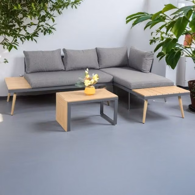Outdoor Living Belmont Grey Metal and Poly-wood L-Shape Sectional Corner Garden Set with Upholstered Cushions and Coffee Table – 1