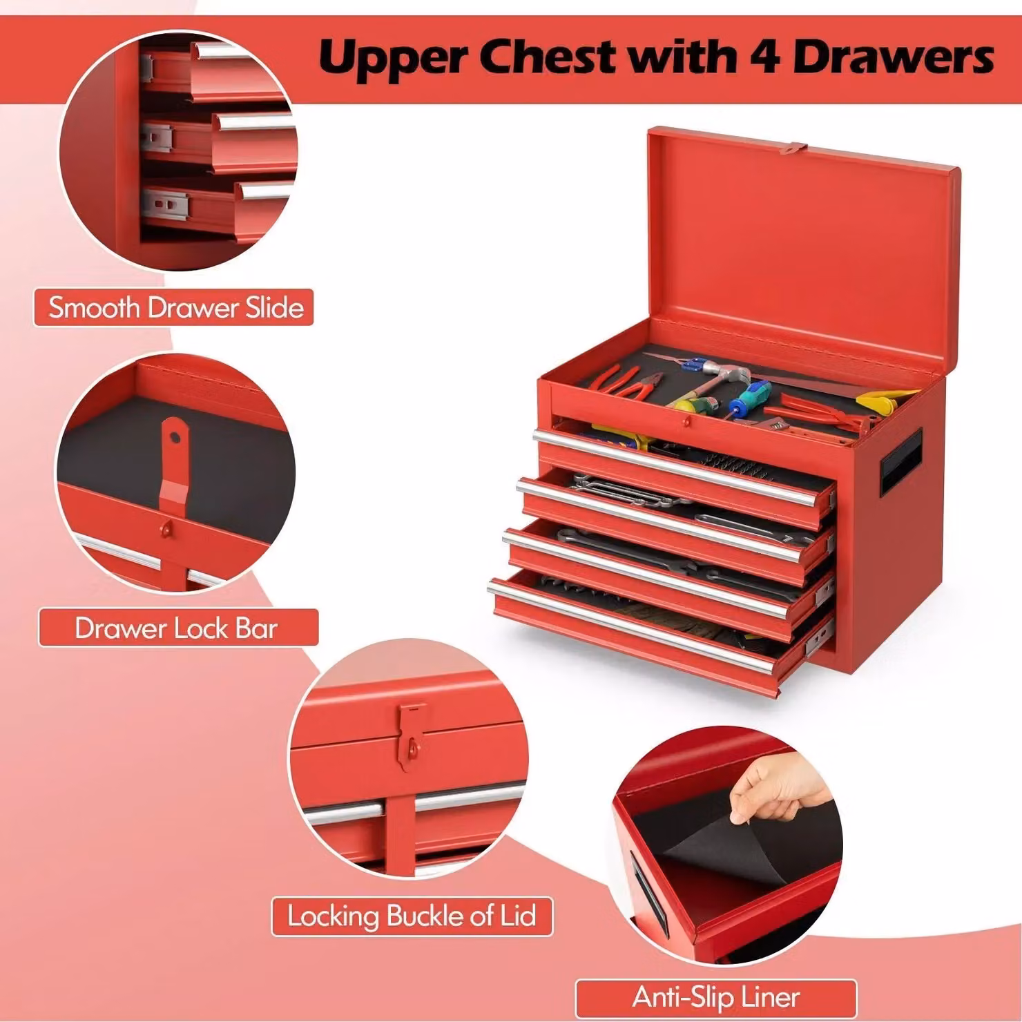 Costway 5-Drawer Rolling Tool Chest Metal Storage Cabinet with Lockable Wheels in Red – 6