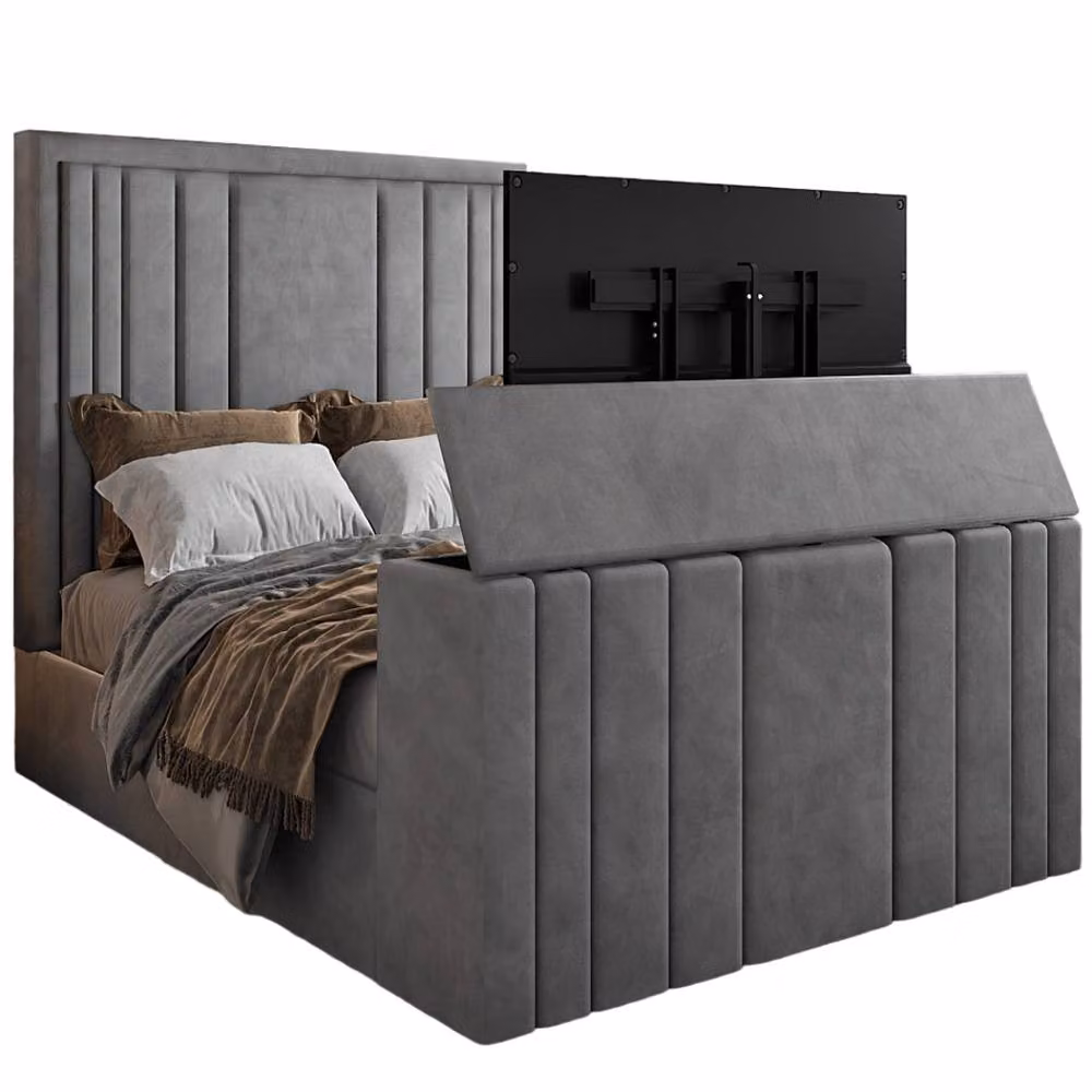 KDMD Ashburnham Bespoke Upholstered Soft Velvet TV Bed Frame in Grey, King Size – 2