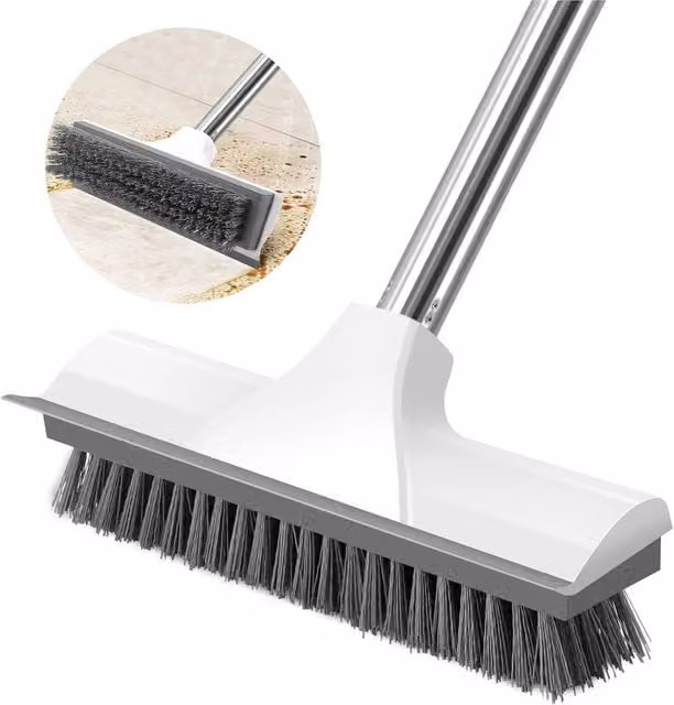 NESTLUNE 2 in 1 Long Handle Floor Scrub Brush and Squeegee with Telescopic Stainless Steel Handle, White, W: 15 cm, H: 122 cm