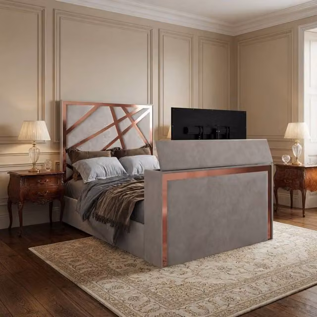 KDMD Askham Upholstered Soft Velvet TV Bed Frame in Light Sand, Super King, W/D/H: 200 x 152 x 189 cm