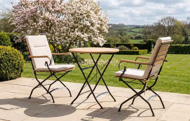MINT Outdoor Sicily 2 Seater Teak and Wrought Iron Garden Dining Set with 70cm Round Table in Beige