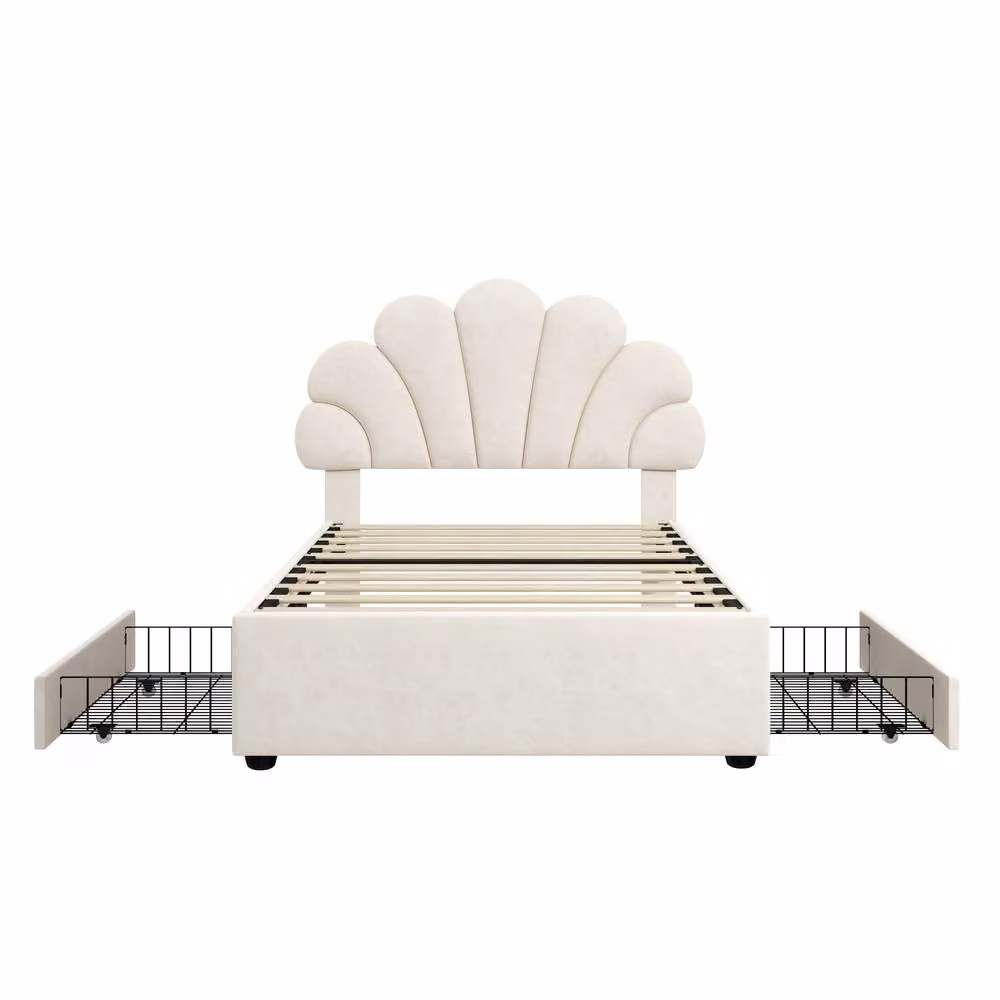 BTM Single Bed with Petal Headboard and Storage Drawers in Beige Velvet Fabric, W/D/H: 90 x 190 x 107 cm – 2