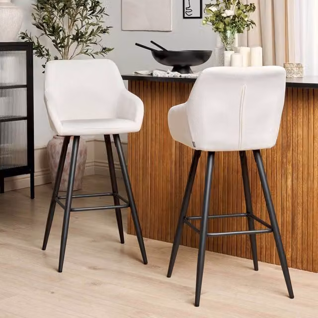 Wyld and Coco Set of 2 Velvet Bar Stools with Armrests in Off-White and Black Metal Legs – 1