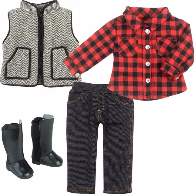 Teamson Kids Sophias Doll Outfit Set with Shirt, Jeggings, Vest and Boots in Red and Black for 18 inch Dolls