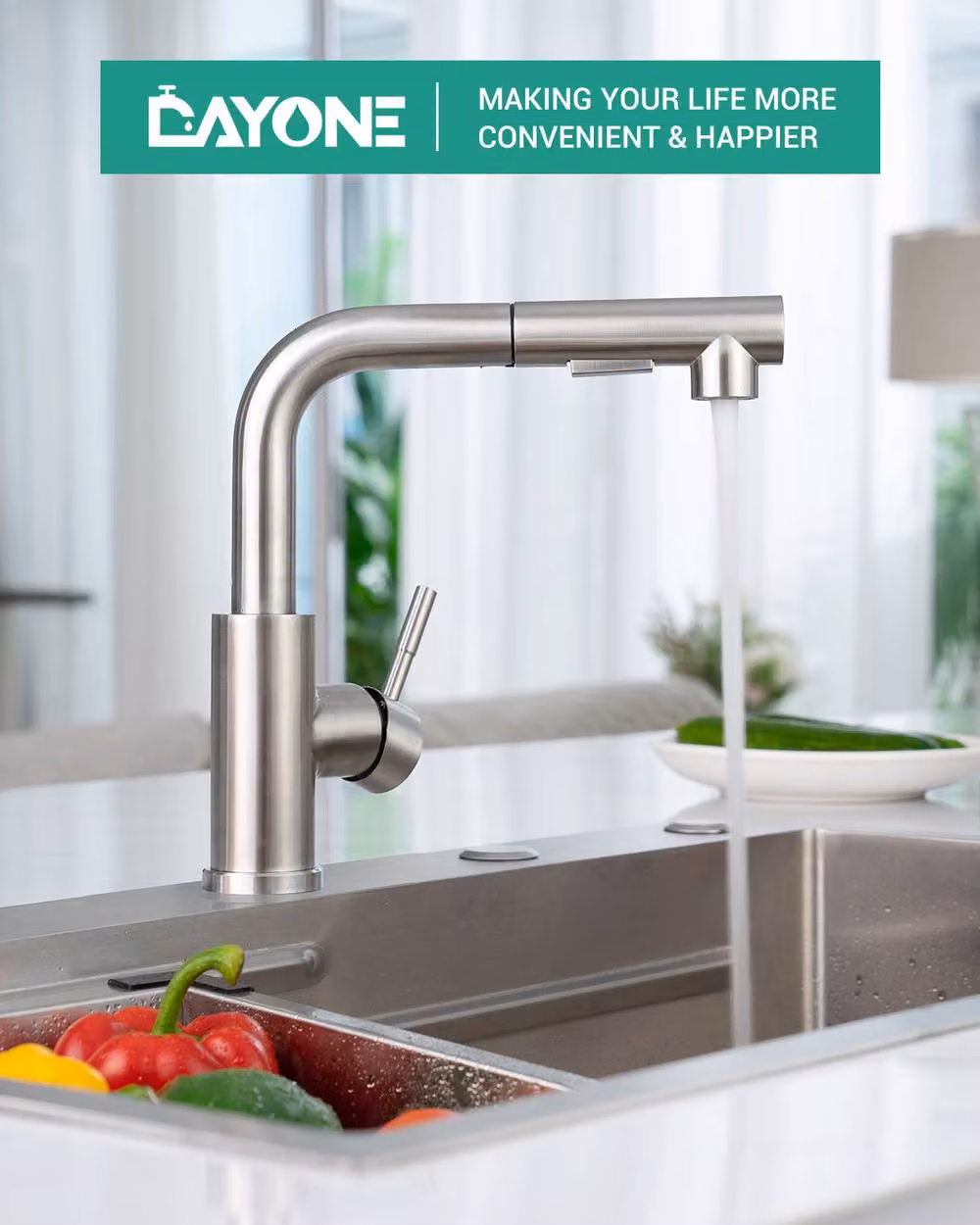 Dayone Brushed Steel Kitchen Tap with Pull Out Spray and Two Spray Functions in Silver – 2